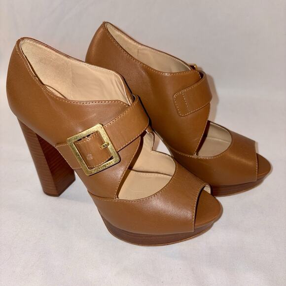 Michael Kors Eleni Block Heels Platform Peep Toe Brown Leather Women’s Size 6M - Picture 4 of 8